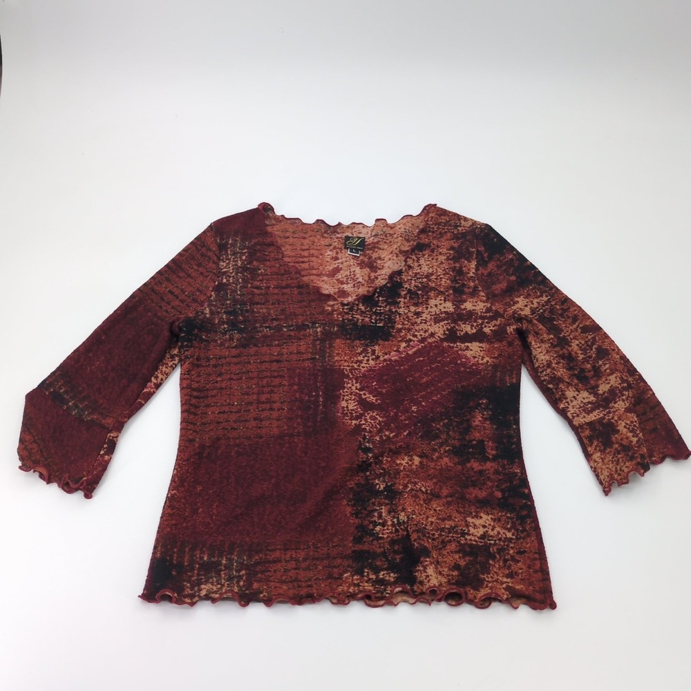 Yolanda Kwan Mesh Top L Red Brown Abstract Y2K Whimsigoth Lettuce Trim V-Neck